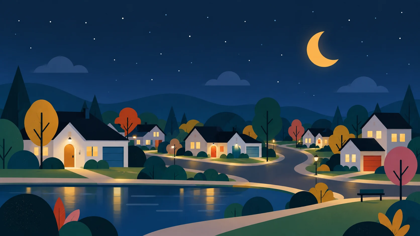 The same Atwater street after dark, porch lights and front windows lit under a crescent moon.