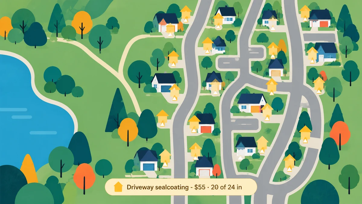 An aerial view of Atwater's streets during a group sign-up, with the houses that have joined filled in.