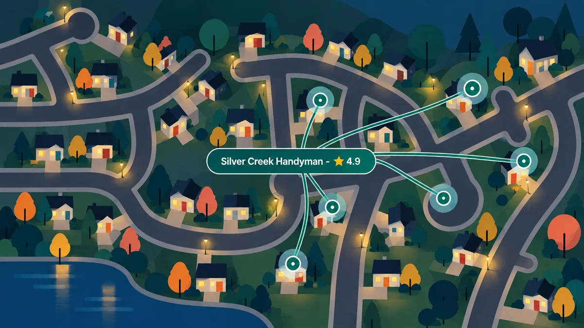 An aerial view of Atwater's streets: several households each drawing a line to one name — Silver Creek Handyman, rated 4.9.